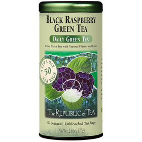 The Republic of Tea Black Raspberry Green Tea tin with 50 bags for a refreshing cup