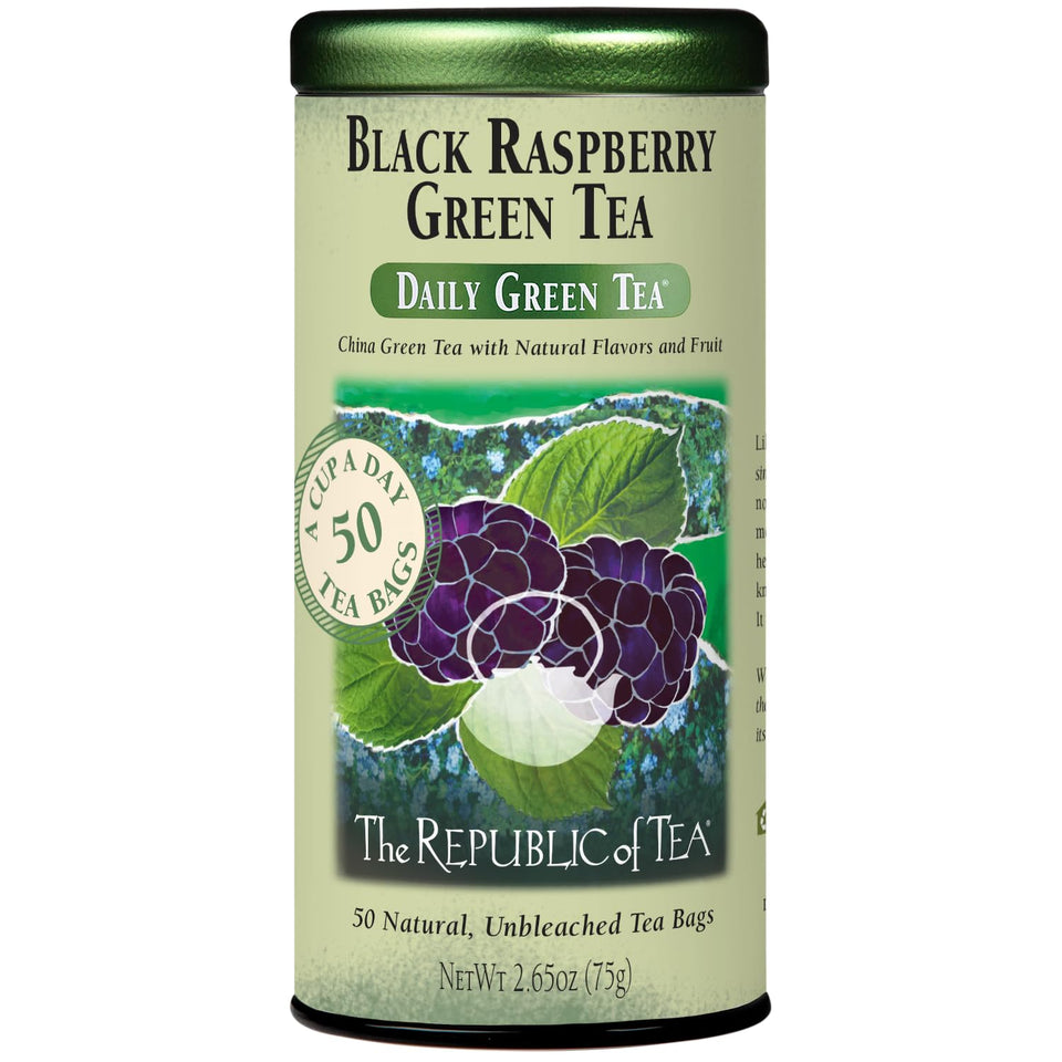 The Republic of Tea Black Raspberry Green Tea tin with 50 bags for a refreshing cup