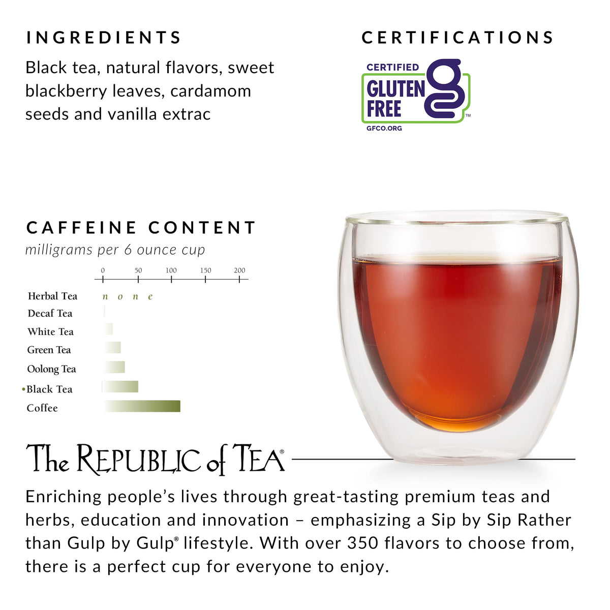 The Republic of Tea black tea with vanilla caramel—rich aroma and smooth finish.