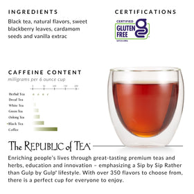 The Republic of Tea black tea with vanilla caramel—rich aroma and smooth finish.