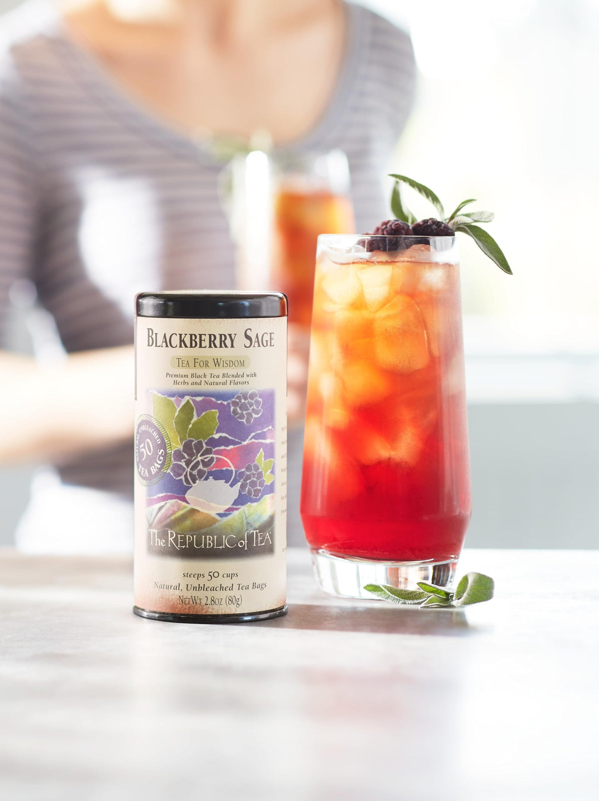 The Republic of Tea Blackberry Sage tea bags closeup, showcasing premium flavor notes.