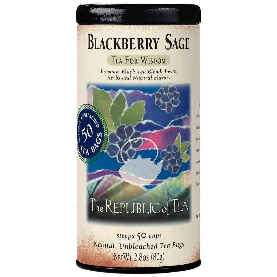 The Republic of Tea Blackberry Sage tea bags packaging showing gourmet blend for hered taste.