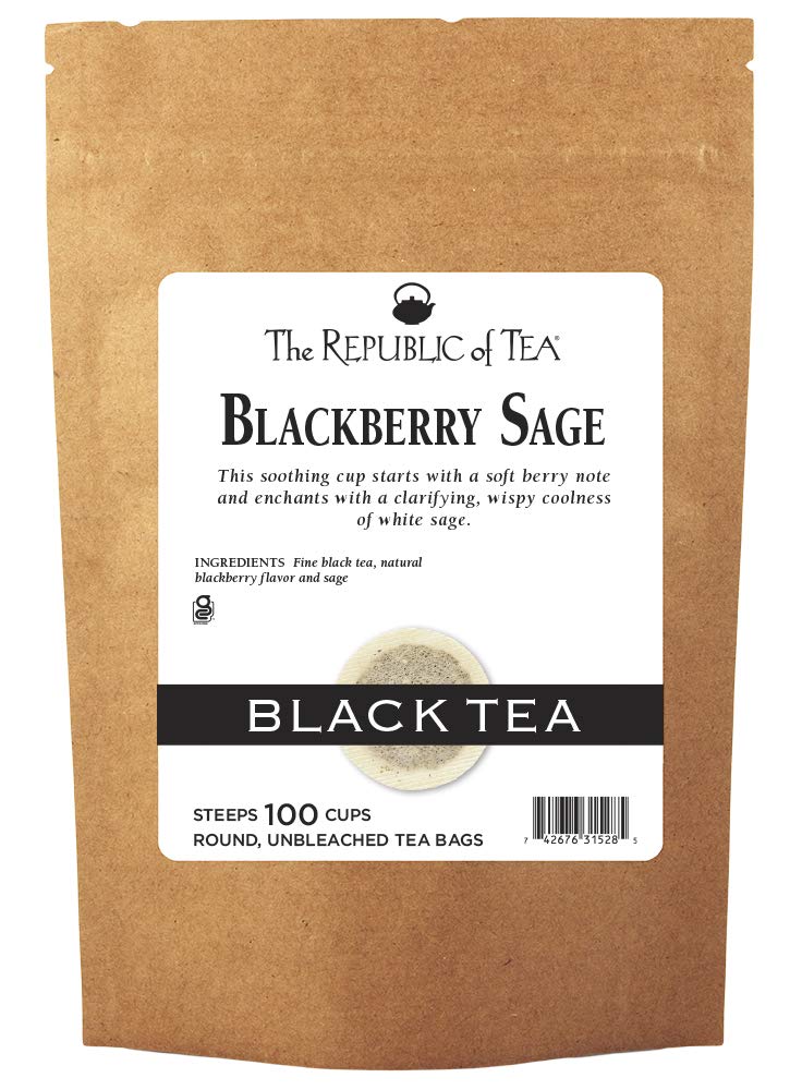 The Republic of Tea Blackberry Sage refill bag packaging highlights gourmet black tea for daily rituals.