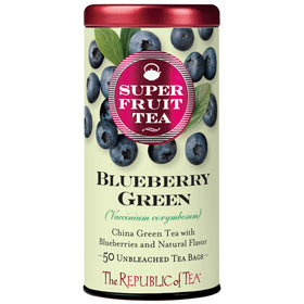 The Republic of Tea Blueberry Green Superfruit Tea tin closed pack, ideal for daily refreshment.