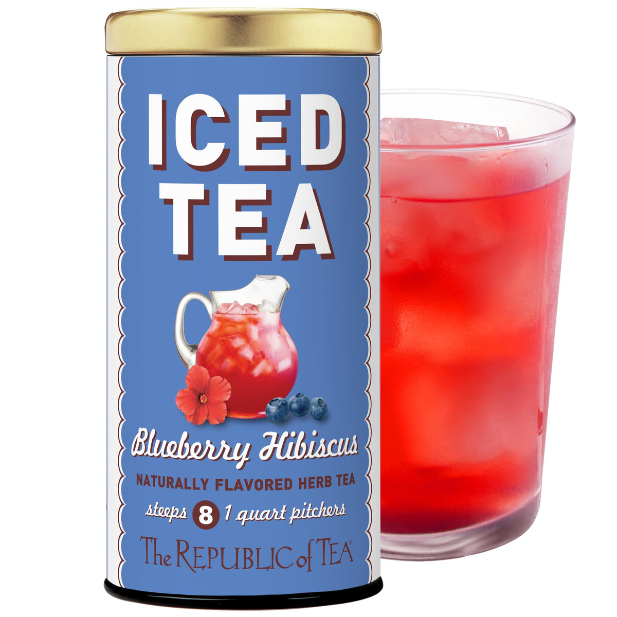 The Republic of Tea Blueberry Hibiscus Iced Tea bags ready to brew for a caffeine-free refreshment.