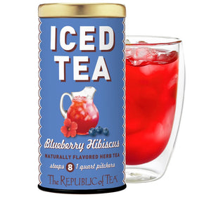 The Republic of Tea Blueberry Hibiscus Iced Tea packaging highlighting herbal, caffeine-free blend.