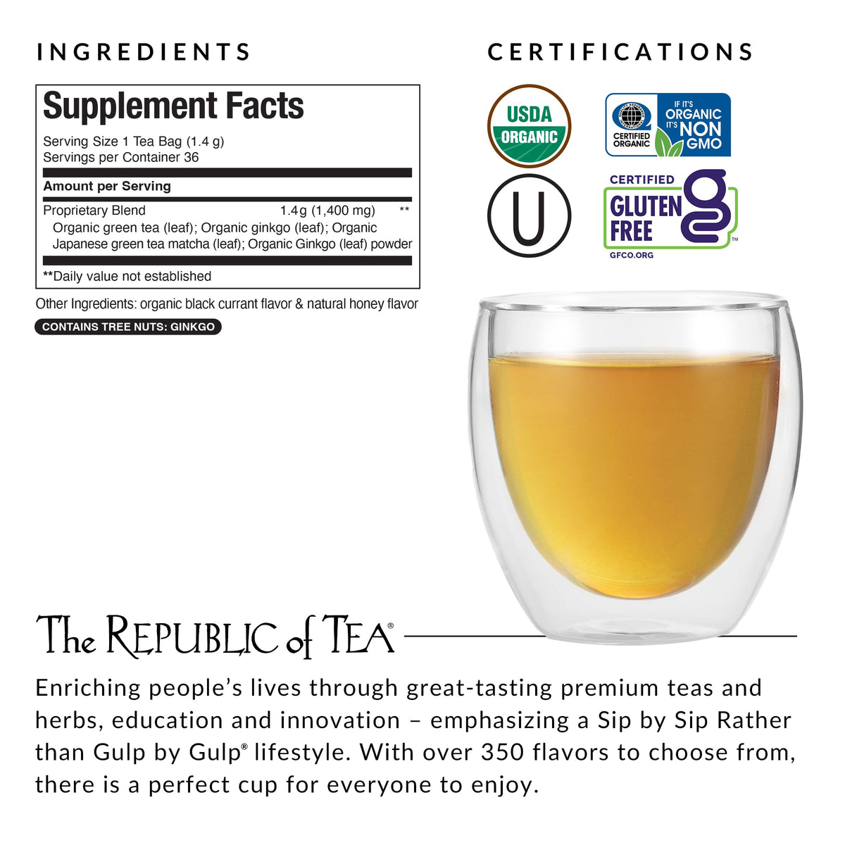 The Republic of Tea Brain Boost SuperGreen brew reveals bright aroma and smooth finish.