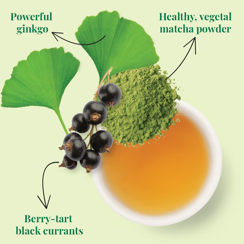 The Republic of Tea Brain Boost SuperGreen leaves showcase vibrant matcha and ginkgo.
