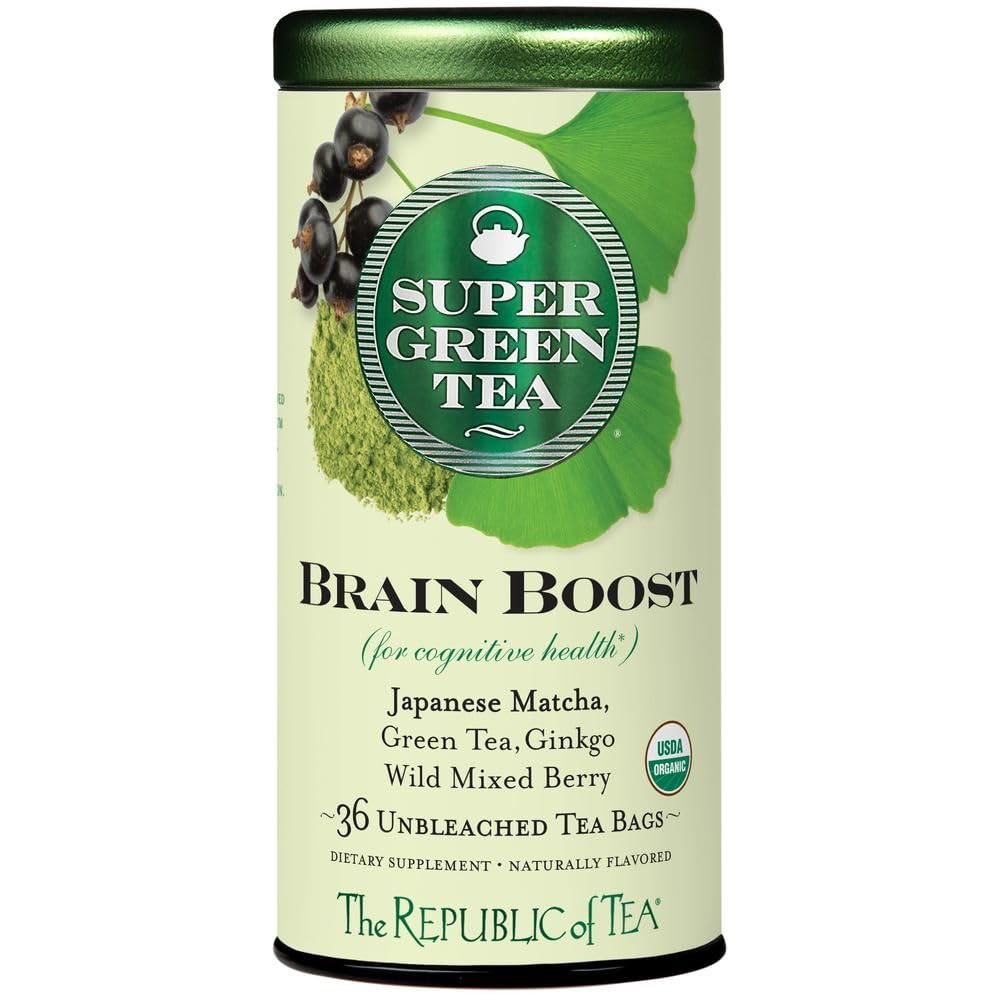 The Republic of Tea Brain Boost SuperGreen tea bags promote crisp focus.