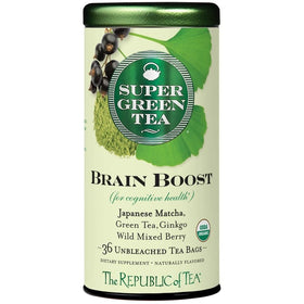 The Republic of Tea Brain Boost SuperGreen tea bags promote crisp focus.