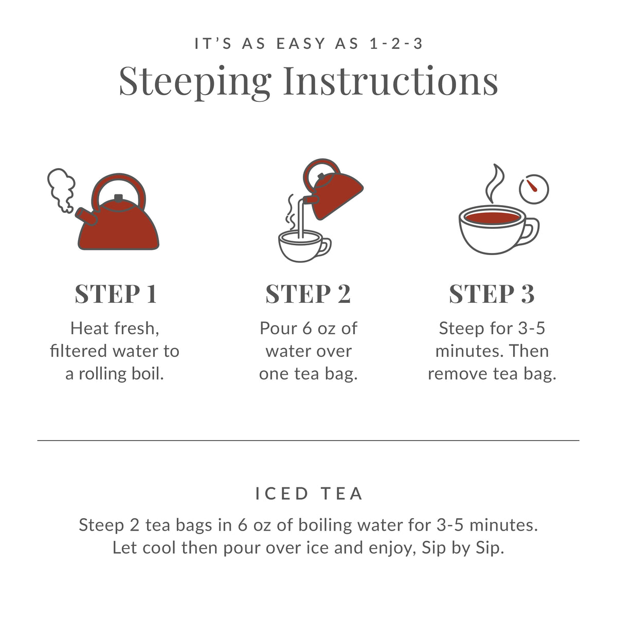The Republic of Tea brew-instructions are simple for quick enjoyment.