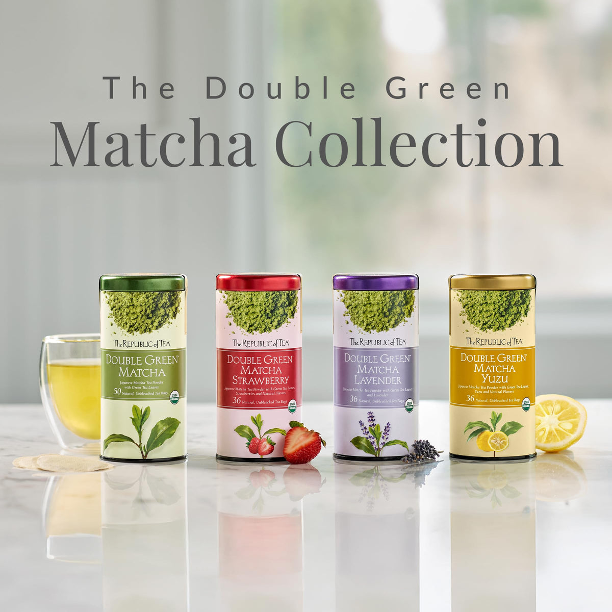 The Republic of Tea brewed cup with steam, suggesting a bright, refreshing break.