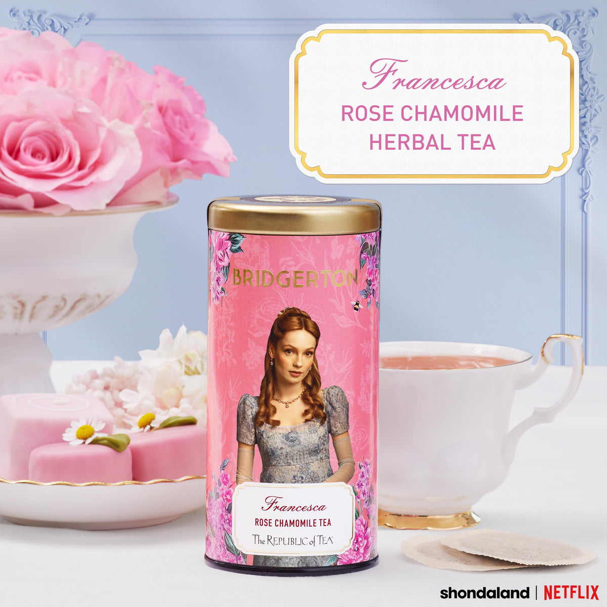The Republic of Tea packaging featuring Bridgerton Francesca Rose Chamomile for elegant gifting.