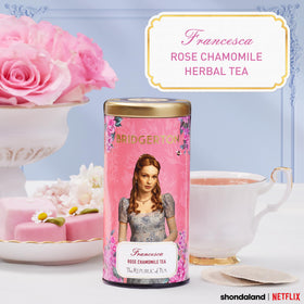 The Republic of Tea packaging featuring Bridgerton Francesca Rose Chamomile for elegant gifting.
