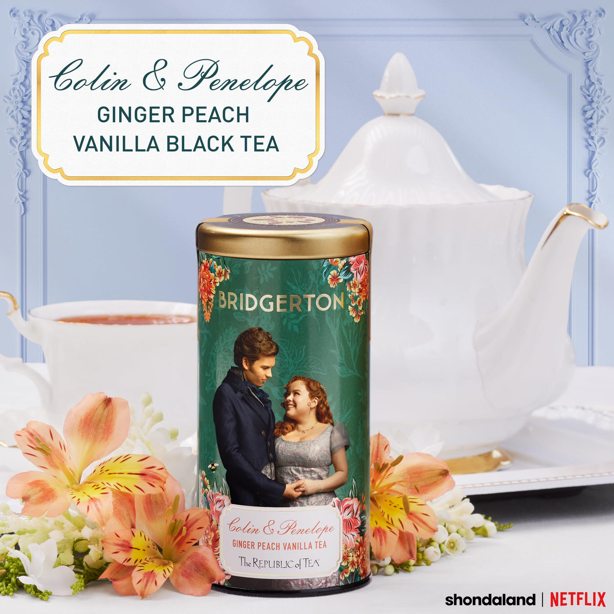 The Republic of Tea Bridgerton packaging box highlighting a refined tea experience.