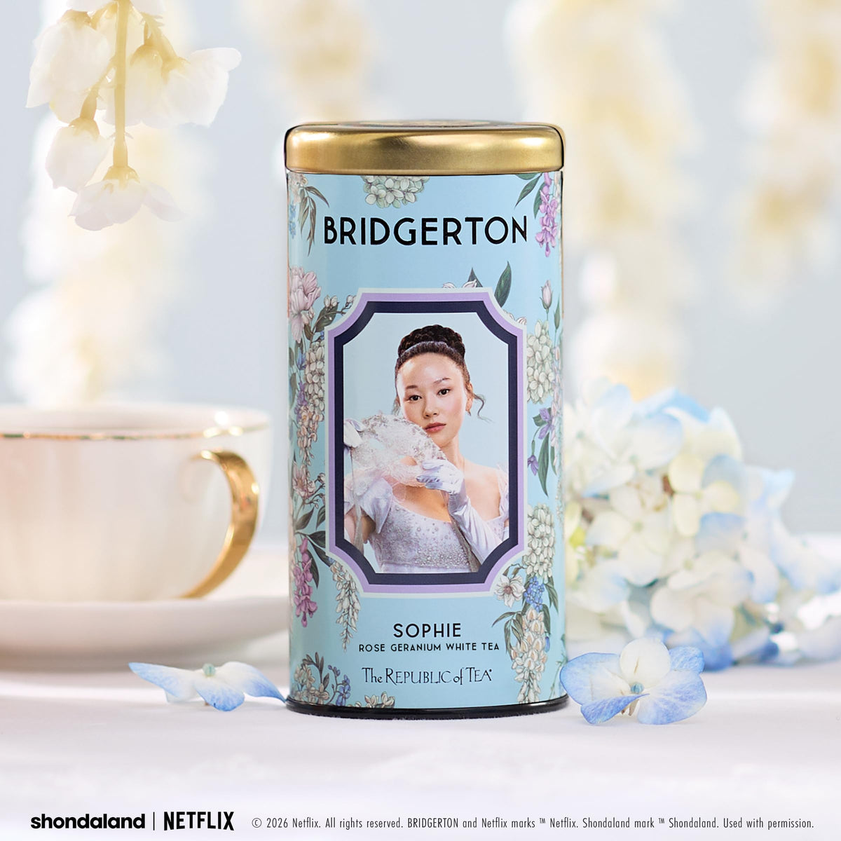 The Republic of Tea Bridgerton Sophie Rose Geranium cup shows warm, rosy notes.