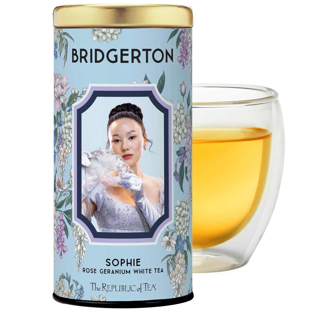 The Republic of Tea Bridgerton Sophie Rose Geranium packaging highlights premium white tea.