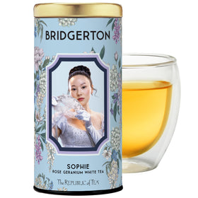 The Republic of Tea Bridgerton Sophie Rose Geranium packaging highlights premium white tea.