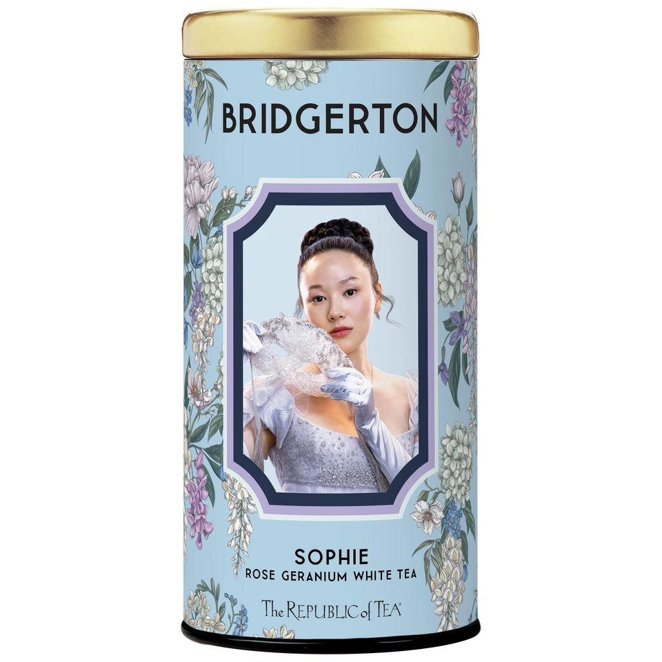 The Republic of Tea Bridgerton Sophie Rose Geranium tea bags with a floral aroma for a soothing brew.