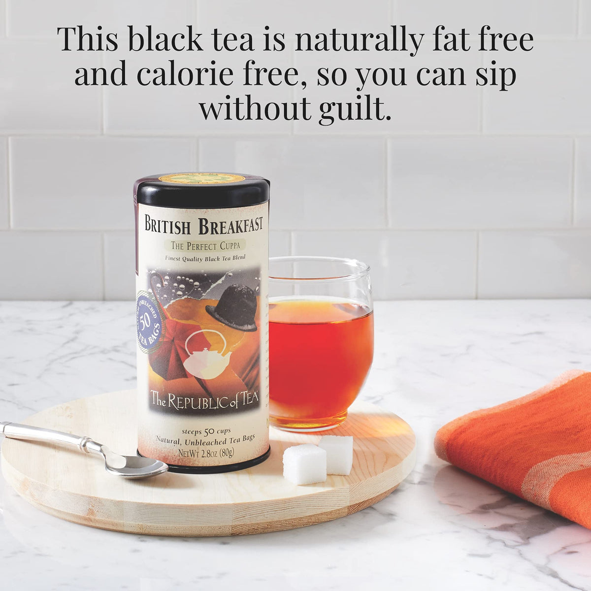 The Republic of Tea British Breakfast packaging highlights kosher and gluten-free notes.