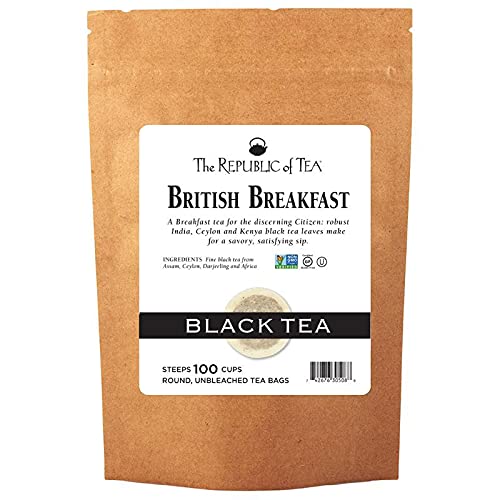 The Republic of Tea British Breakfast tea bags in a canister, delivering a bold morning lift.
