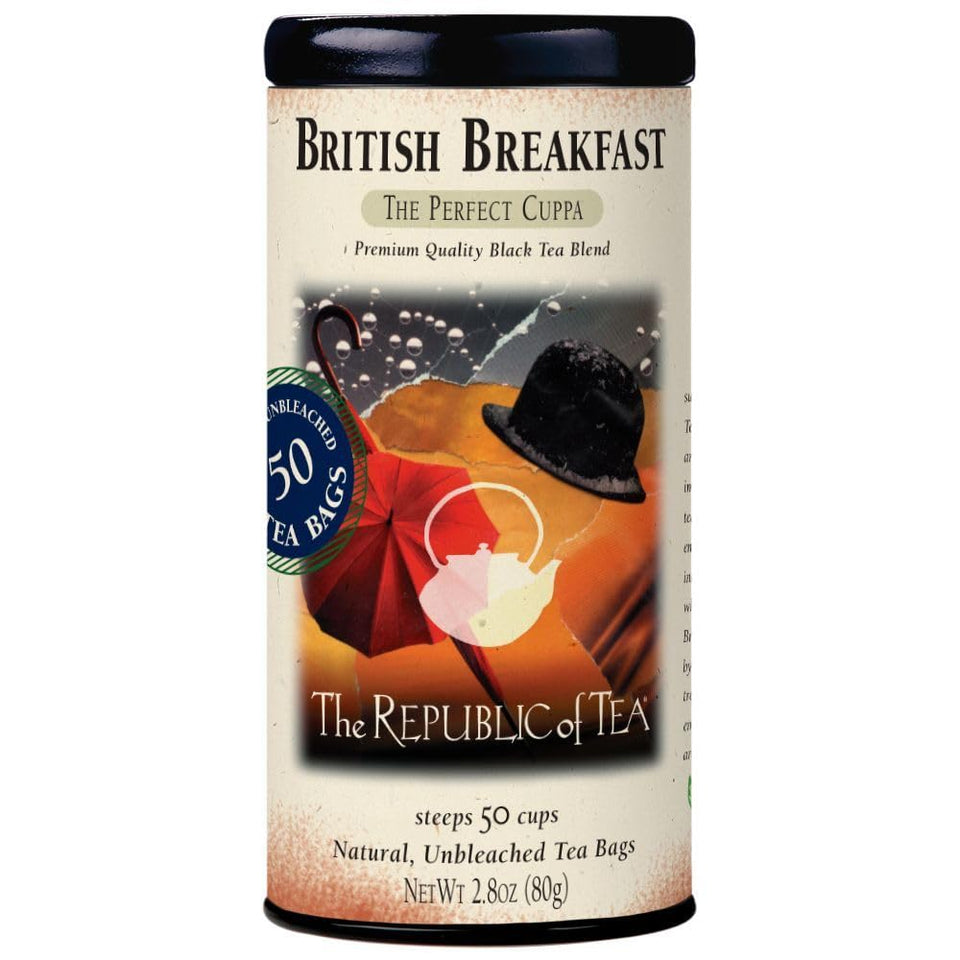 The Republic of Tea British Breakfast tea tin provides a robust morning boost.