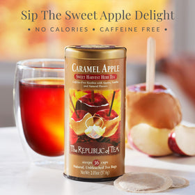 Close-up of The Republic of Tea Caramel Apple Red Tea bags, caffeine-free comfort