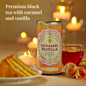 Caramel Vanilla Cuppa Cake packaging shown, gluten-free black tea option for dessert-inspired sipping.