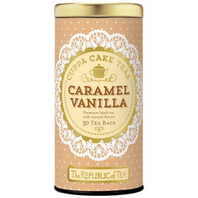 The Republic of Tea Caramel Vanilla Cuppa Cake tea bags ready to brew for cozy moments.
