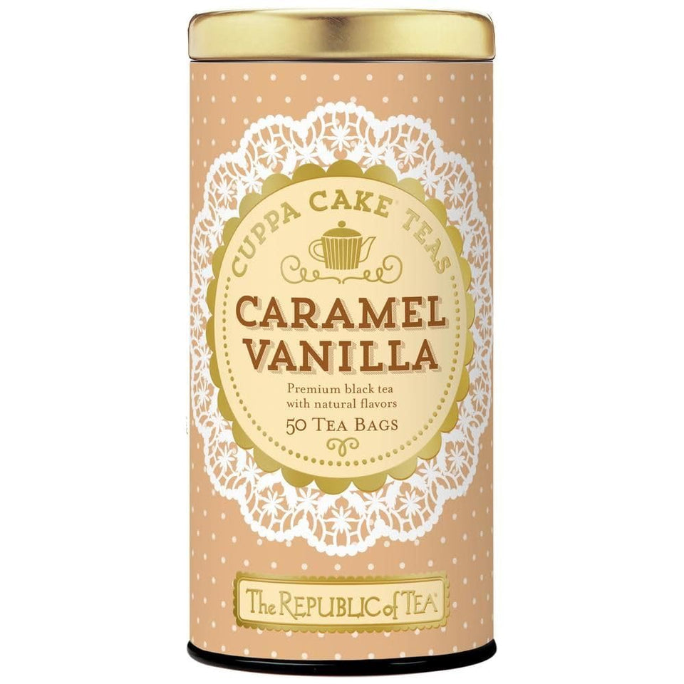 The Republic of Tea Caramel Vanilla Cuppa Cake tea bags ready to brew for cozy moments.