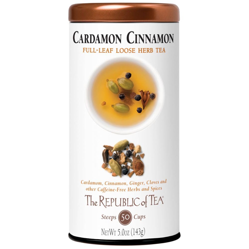 The Republic of Tea Cardamon Cinnamon herbal full-leaf tea offers a warm, caffeine-free cup