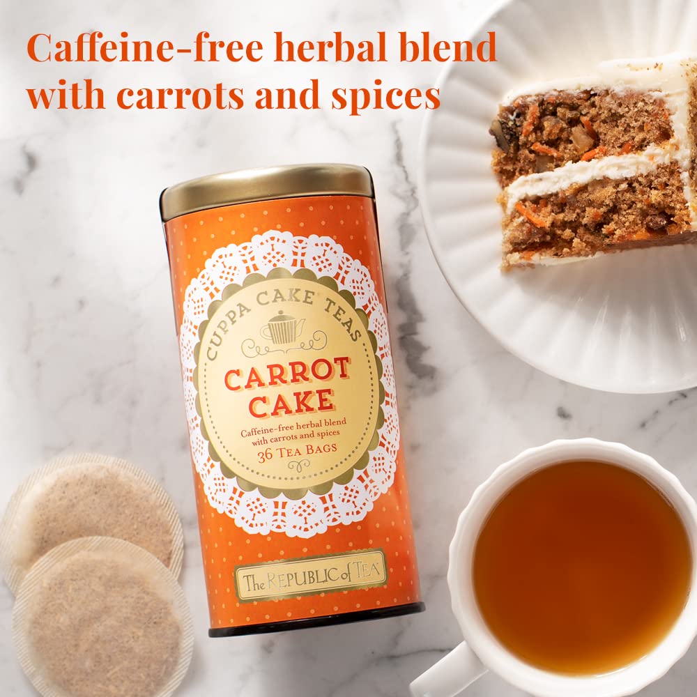 The Republic of Tea box closeup highlighting carrot cake cuppa cake tea aromas.