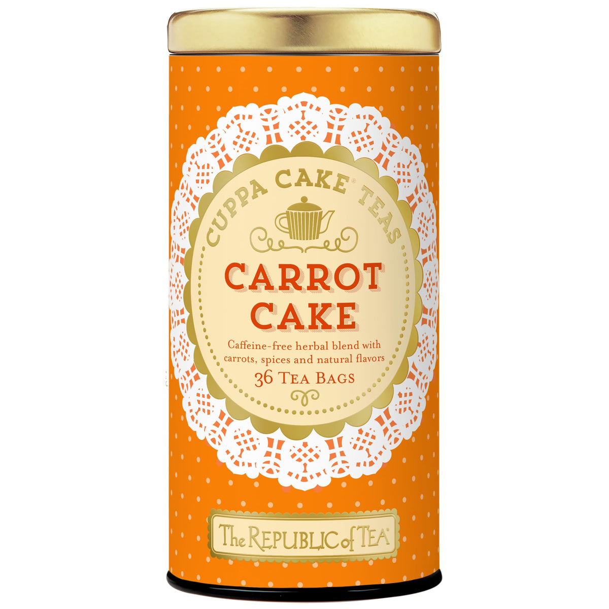 The Republic of Tea packaging front for carrot cake cuppa cake tea; caffeine-free indulgence.