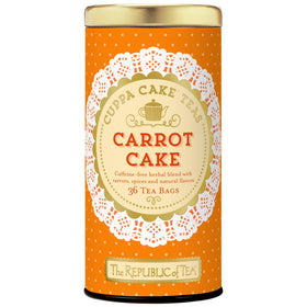 The Republic of Tea packaging front for carrot cake cuppa cake tea; caffeine-free indulgence.