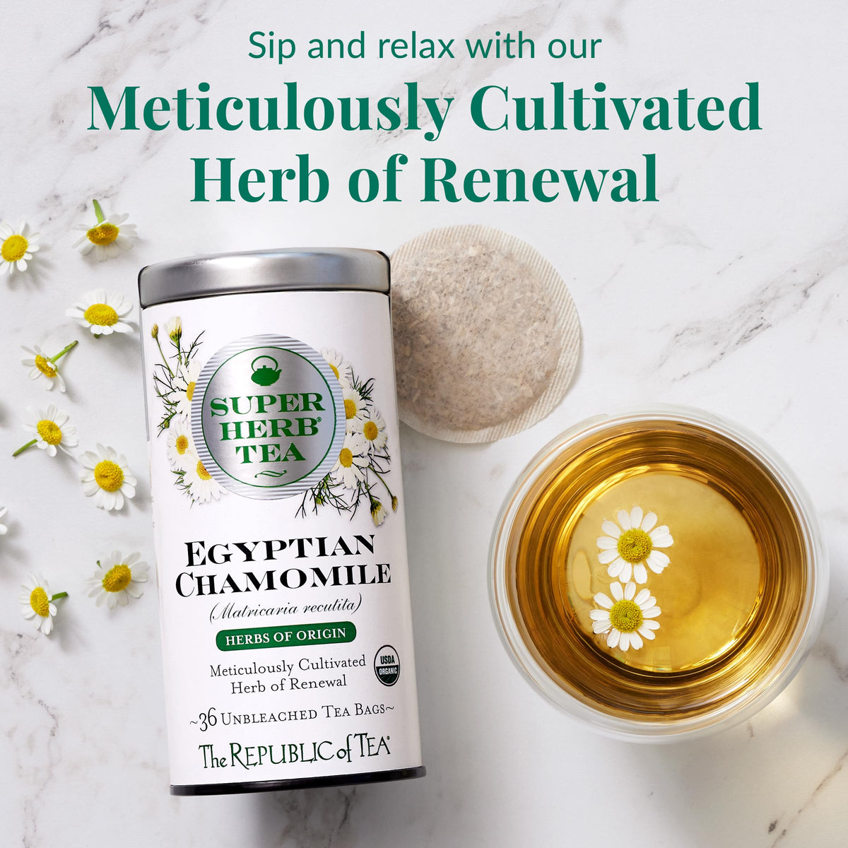 Close-up of chamomile tea bags showcasing premium quality from The Republic of Tea.