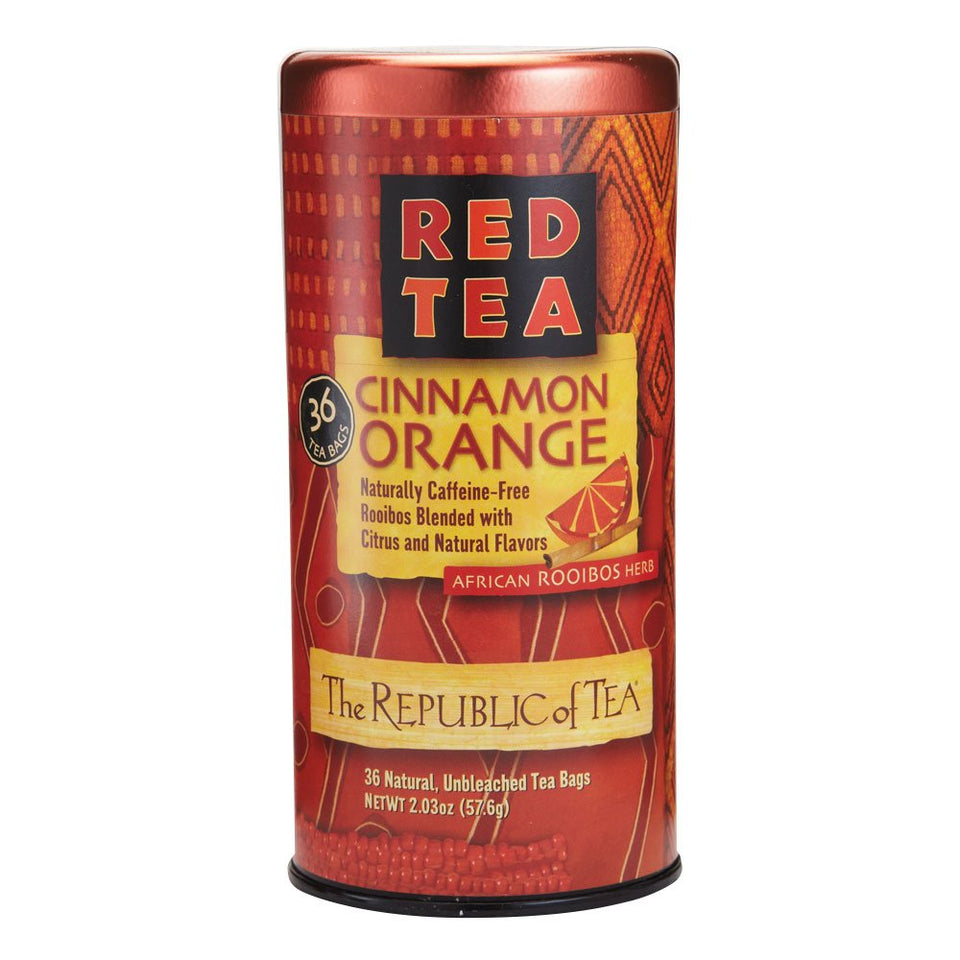 The Republic of Tea Cinnamon Orange Red Tea box delivers caffeine-free warmth and citrus-spice aroma.