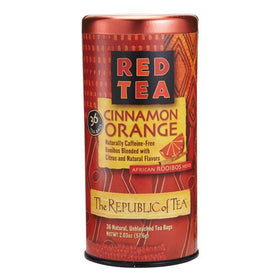 The Republic of Tea Cinnamon Orange Red Tea cup shows inviting rooibos infusion with citrus notes.