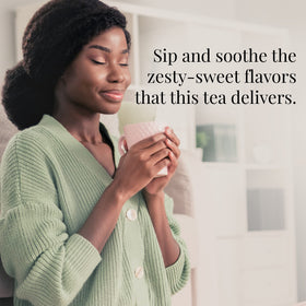 The Republic of Tea Cinnamon Plum Tea bags closeup, promotes a comforting afternoon cup.