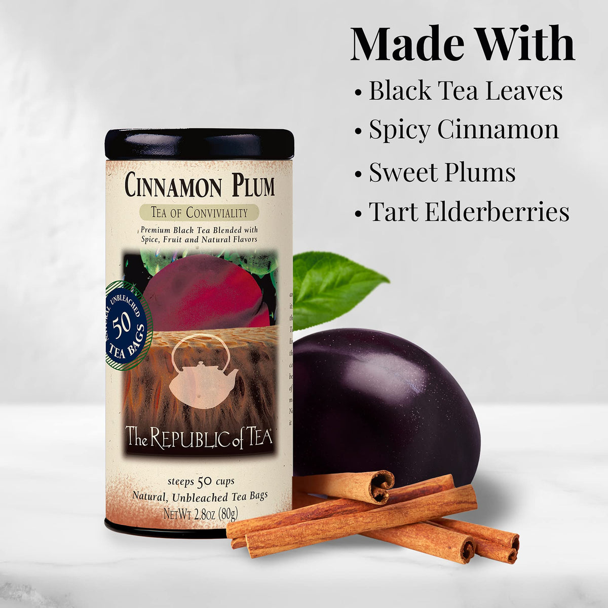 The Republic of Tea Cinnamon Plum Tea spiced black tea aroma energizing your kitchen.
