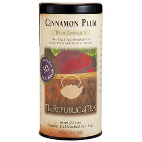 The Republic of Tea Cinnamon Plum Tea tin with premium aroma, ideal for afternoon moments.