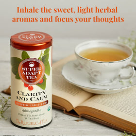 The Republic of Tea Clarity and Calm cup with steam evokes tranquil tea rituals