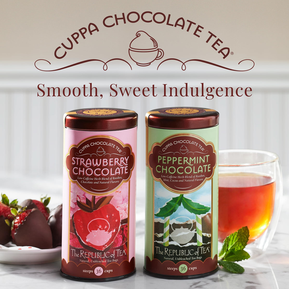 The Republic of Tea Coconut Cocoa Cuppa Chocolate tea poured with a splash of milk.
