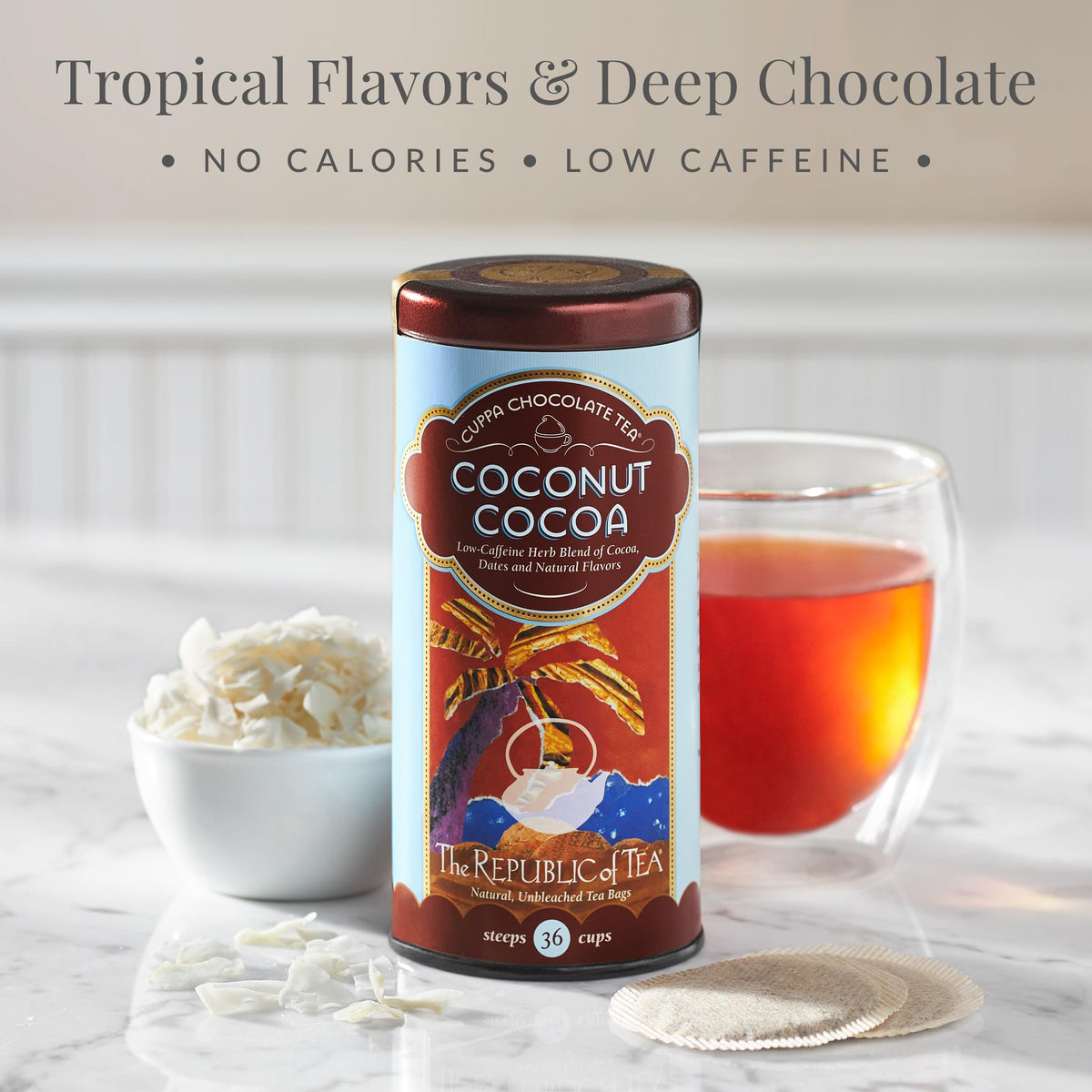 The Republic of Tea Coconut Cocoa Cuppa Chocolate tea bags packaging back, listing ingredients and caffeine note.