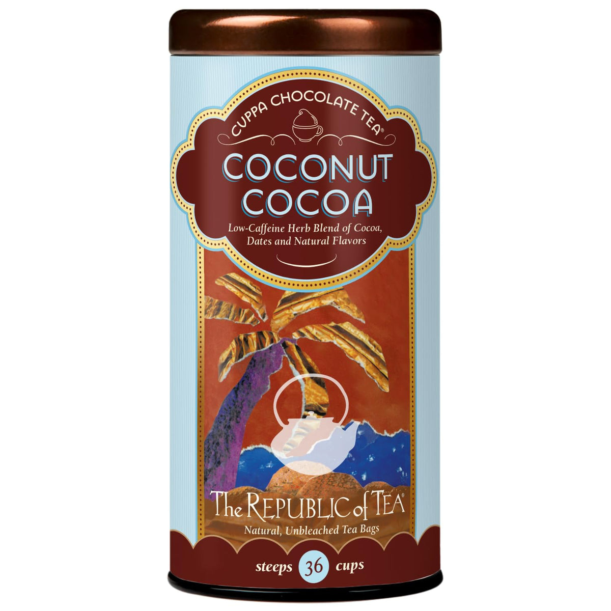 The Republic of Tea Coconut Cocoa Cuppa Chocolate tea bags packaging front, inviting tropical flavor.