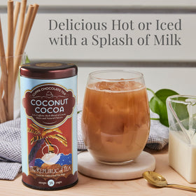 The Republic of Tea Coconut Cocoa Cuppa Chocolate tea bags steeping in a cup.