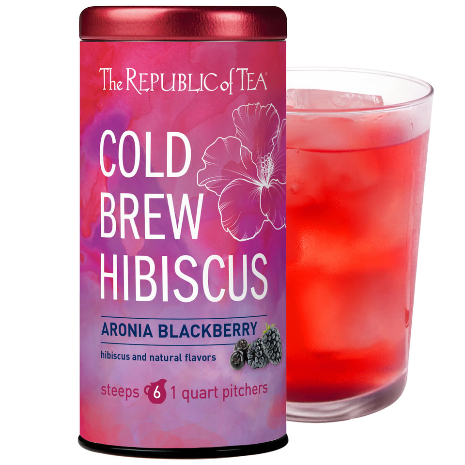The Republic of Tea cold brew hibiscus aronia blackberry pitcher ready for quick caffeine-free refreshment.
