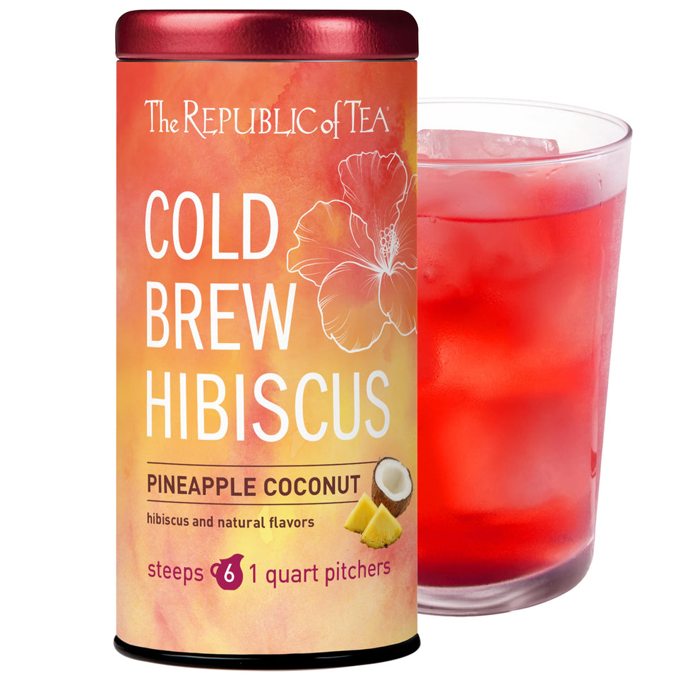 The Republic of Tea hibiscus pineapple coconut tea pouch for easy cold brew.