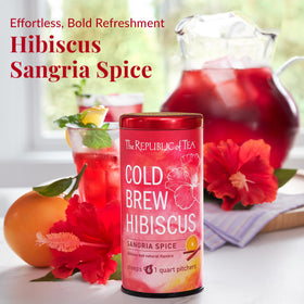 The Republic of Tea hibiscus tea pitcher with sangria spice blend, ideal for easy cold brews.
