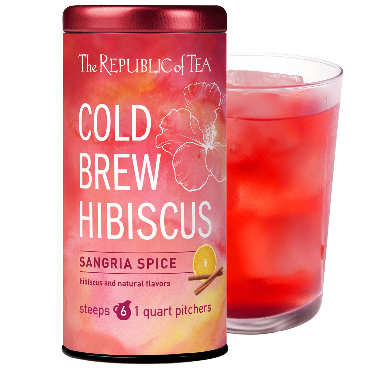 The Republic of Tea cold brew hibiscus sangria spice tea pouch closeup, caffeine-free refreshing option.