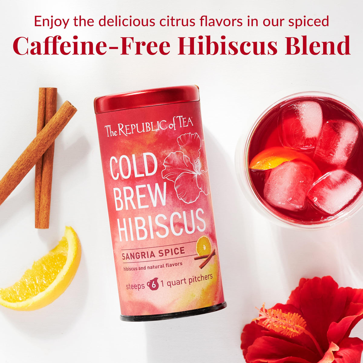 The Republic of Tea iced tea cup with sangria spice, inviting citrus and spice flavor experience.